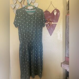 Green Polka Dot Midi Dress with pockets by Simier Fariry XL , comfy lounge dress
